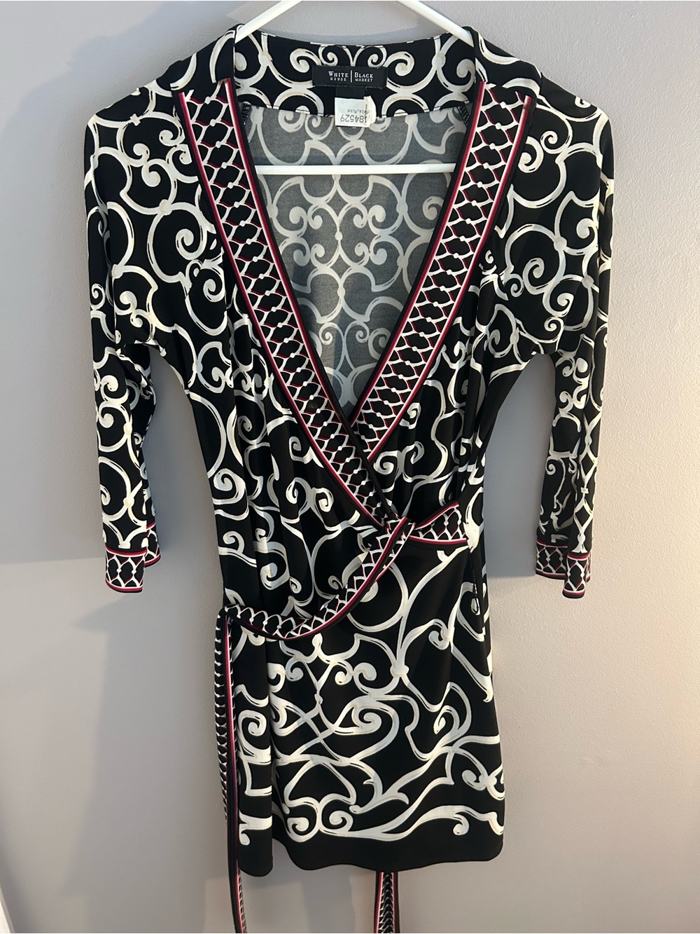 White House Black Market Black & White Wrap Dress with Pink Trim Accents